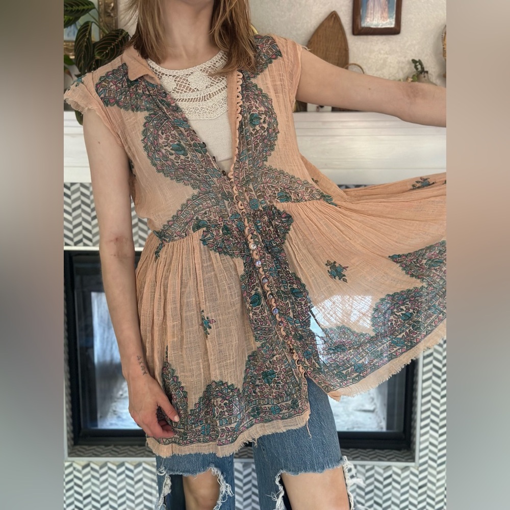 We The Free Pink and Blue Embroidered Blouse